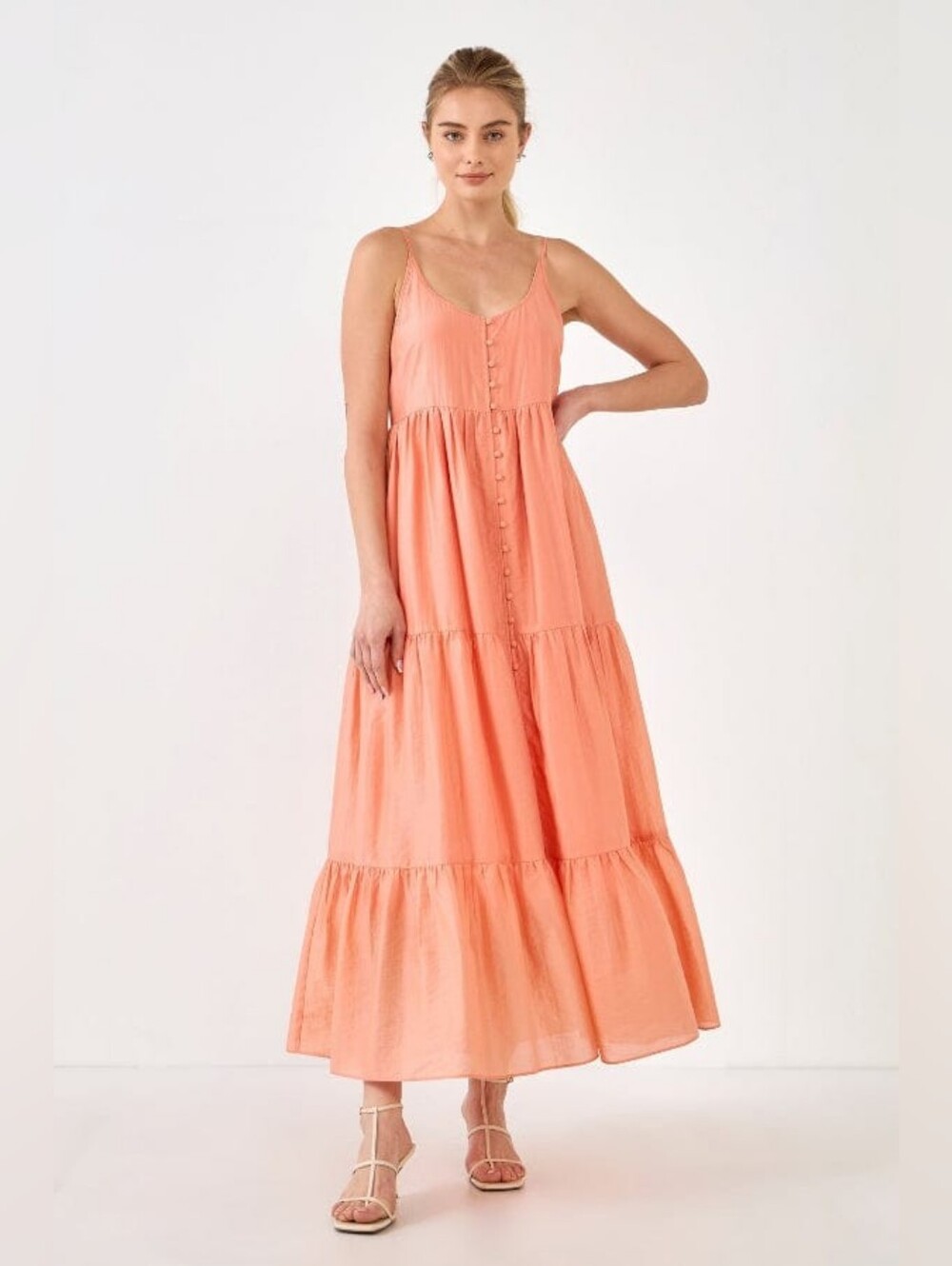💫 Endless Rose Feminine Boho Coral Tiered Dress Button Detail Size Small NWT